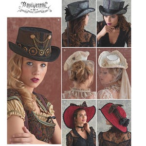 May include: A sewing pattern collection by Arkivestry featuring various hat designs including a brown top hat with gold chain accents, a grey textured top hat, a white fascinator with netting, and a wide-brimmed red hat with black lace trim.