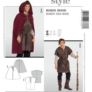 May include: A sewing pattern for a Robin Hood costume. The pattern includes instructions for making a hooded cape and a tunic. The pattern is labeled "Robin Hood" and "Robin des Bois".