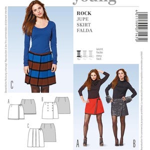 May include: A magazine cover with a woman wearing a blue top and a brown, blue, and black plaid skirt. The magazine is titled "burda young" and includes skirt patterns and sizing information in cm.