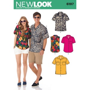 May include: A sewing pattern for a short-sleeved shirt with a collar. The pattern includes four different styles: a floral print, a geometric print, a solid pink shirt, and a solid yellow shirt. The pattern is from New Look and the pattern number is 6197.