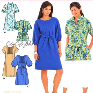 May include: Simplicity sewing pattern 2963 for dresses and tops in sizes M, L, and XXL. The pattern includes illustrations of a blue dress with a tie waist, a green leaf-print top, and a tan dress with pleated details and short sleeves.