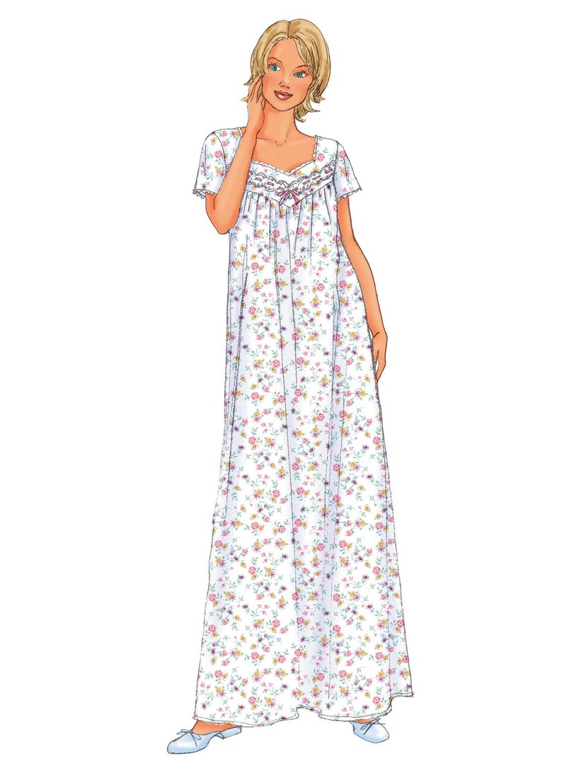 May include: A white nightgown with a floral print and a lace trim. The nightgown has short sleeves and a V-neckline.