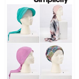 May include: A sewing pattern for four different styles of headwear. The pattern is called Simplicity S9519. The headwear is shown on mannequins with different colors and patterns.
