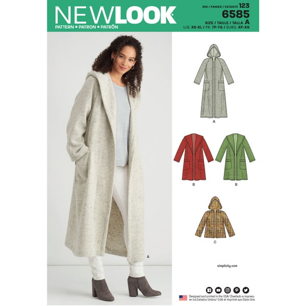 Patron pour veste femme, cardigan pour femme, manteau d'hiver, veste à capuche, veste longue, New Look 6585, taille XS-XL, modèle non coupé