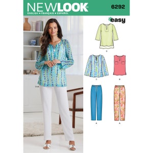 May include: Sewing pattern for a women's top and pants. The top has a tie at the neck and comes in three different styles. The pants have a drawstring waist and come in two different styles. The pattern is called "New Look" and the number is 6292. The pattern is labeled "easy".