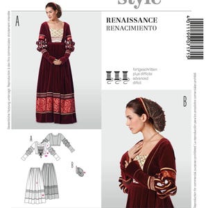 以下が含まれることがあります： ルネサンス様式のドレスの裁縫パターン。フィットしたボディスとフルスカート。パターンには、それに合うヘッドドレスを作るための指示が含まれています。パターンには「ルネサンス」と「レナシミエント」のラベルが貼られています。
