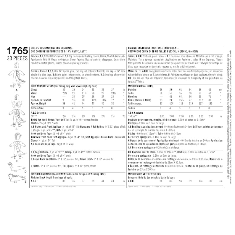 May include: A sewing pattern for a child's costume and a dog costume. The pattern includes instructions for making a dragon costume, a butterfly costume, and a dog costume. The pattern is for sizes S, M, and L. The pattern includes measurements for the chest, waist, hips, back-neck to waist, and approximate weight. The pattern also includes instructions for making the wings, claws, and tail spikes.