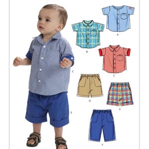May include: A young child wearing a blue and white checkered shirt with rolled-up sleeves and blue shorts. The image also shows illustrations of various short-sleeved shirts and shorts in different colors and patterns, including plaid and solid colors.