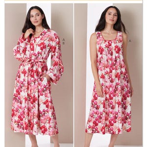 May include: A Butterick pattern featuring a floral print robe and sleeveless dress. The robe has long sleeves, a belt, and pockets. The dress has a square neckline and a red trim. The floral pattern includes pink and red flowers on a white background. The pattern number is B7084.