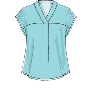 May include: A light blue blouse with a V-neck and short sleeves. The blouse has a single seam down the front.