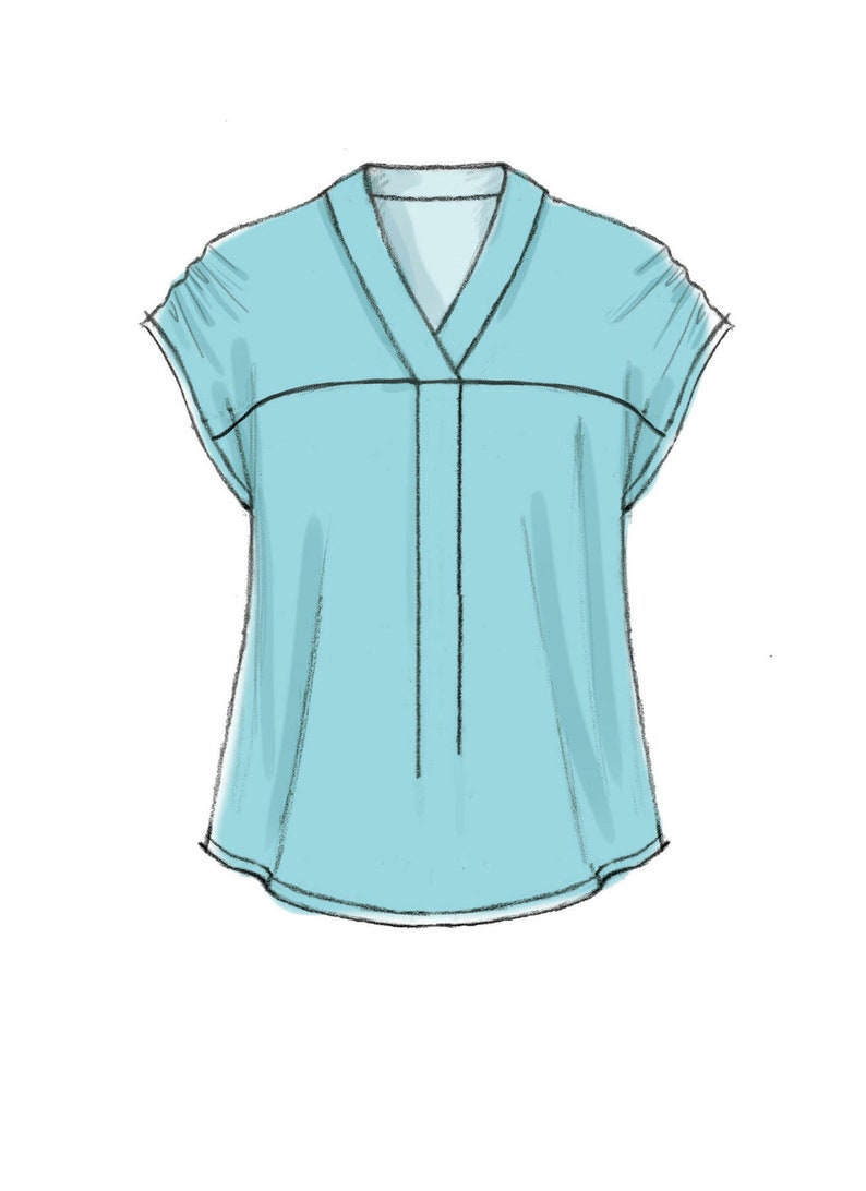 May include: A light blue blouse with a V-neck and short sleeves. The blouse has a single seam down the front.