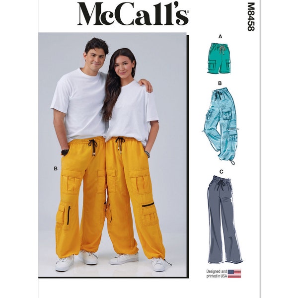 Sewing Pattern for Women's and Men's Pants and Shorts, Cargo Pants, Drawstring Pants, Womens Shorts, McCalls 8458, Size XS-XXL, Uncut FF