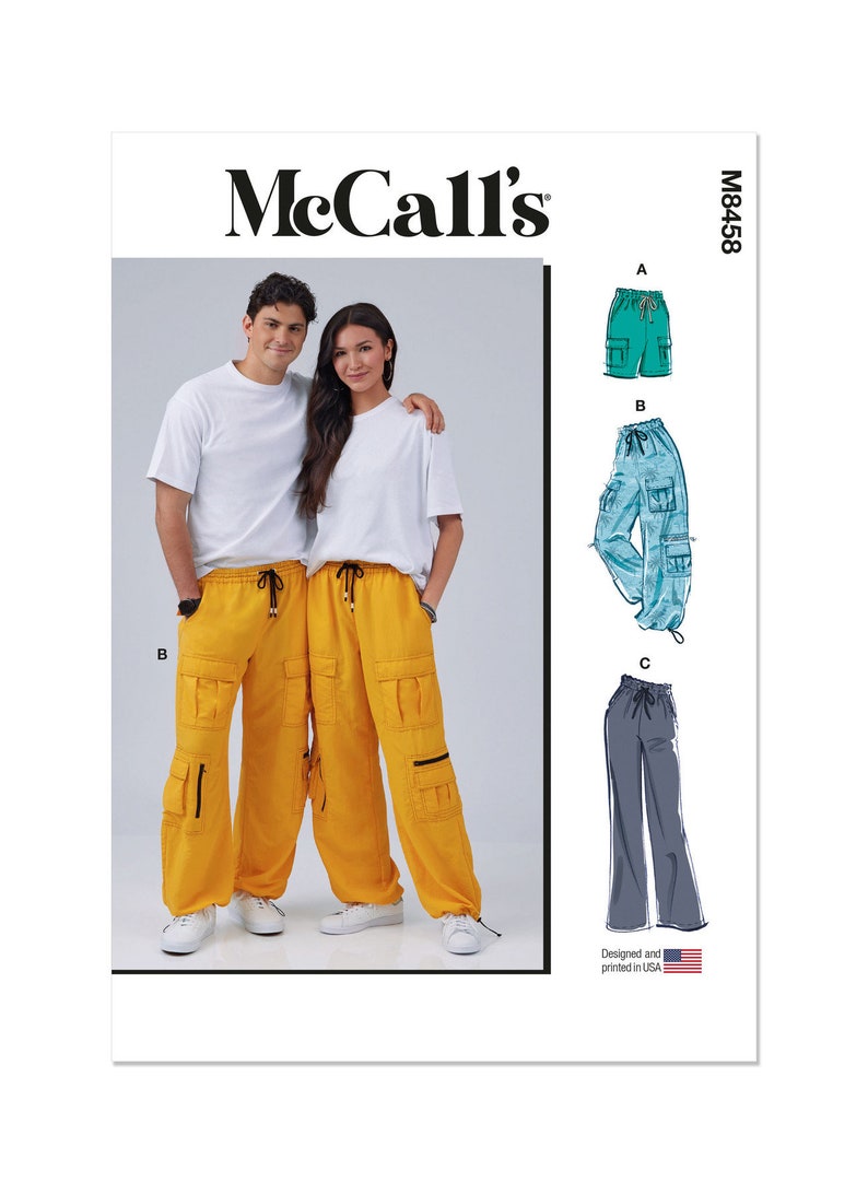 May include: McCall's sewing pattern M8458 for unisex cargo pants. The pattern shows a couple wearing yellow cargo pants with multiple pockets and a drawstring waist. The pattern also includes three different styles of cargo pants: teal, blue, and gray.