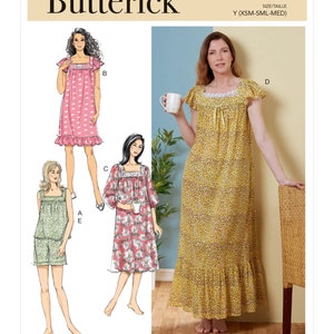 May include: A sewing pattern for a nightgown with three different styles. The pattern is for sizes X-Small, Small, Medium, and Large. The pattern is designed and printed in the USA.