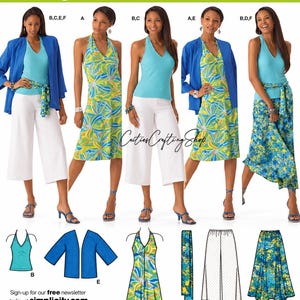 May include: Simplicity pattern 4193 for easy-to-sew wardrobe elements in sizes AA 10-18. Includes illustrations and photos of a blue blazer, turquoise halter top, white culottes, and floral skirts in green, yellow, and blue color palettes.
