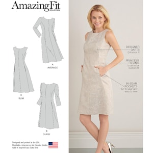 May include: Simplicity Amazing Fit dress pattern 8258. The pattern offers average, slim, and curvy fit options. The dress design includes designer darts, princess seams, and in-seam pockets. A woman models a cream-colored dress in the image.