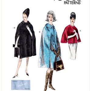 May include: A vintage sewing pattern for a cape, featuring three different styles: a black cape, a blue and white patterned cape, and a red cape. The pattern is from Vogue Patterns and is labeled V1838.