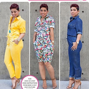 May include: A Simplicity sewing pattern 8060 for a collared jumpsuit with button-down front, chest pockets, and a drawstring waist. The pattern displays three variations: a solid yellow jumpsuit, a floral print romper, and a solid blue denim jumpsuit.