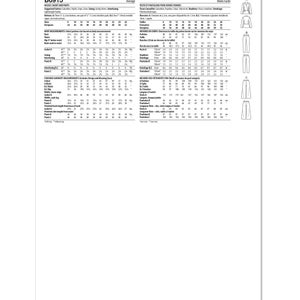 以下が含まれることがあります： B6915とラベルされた縫製パターンシート。ジャケットとパンツの指示が記載されています。シートには、センチメートル単位の測定値と衣服のデザインの図が含まれています。パターンは女性向けです。