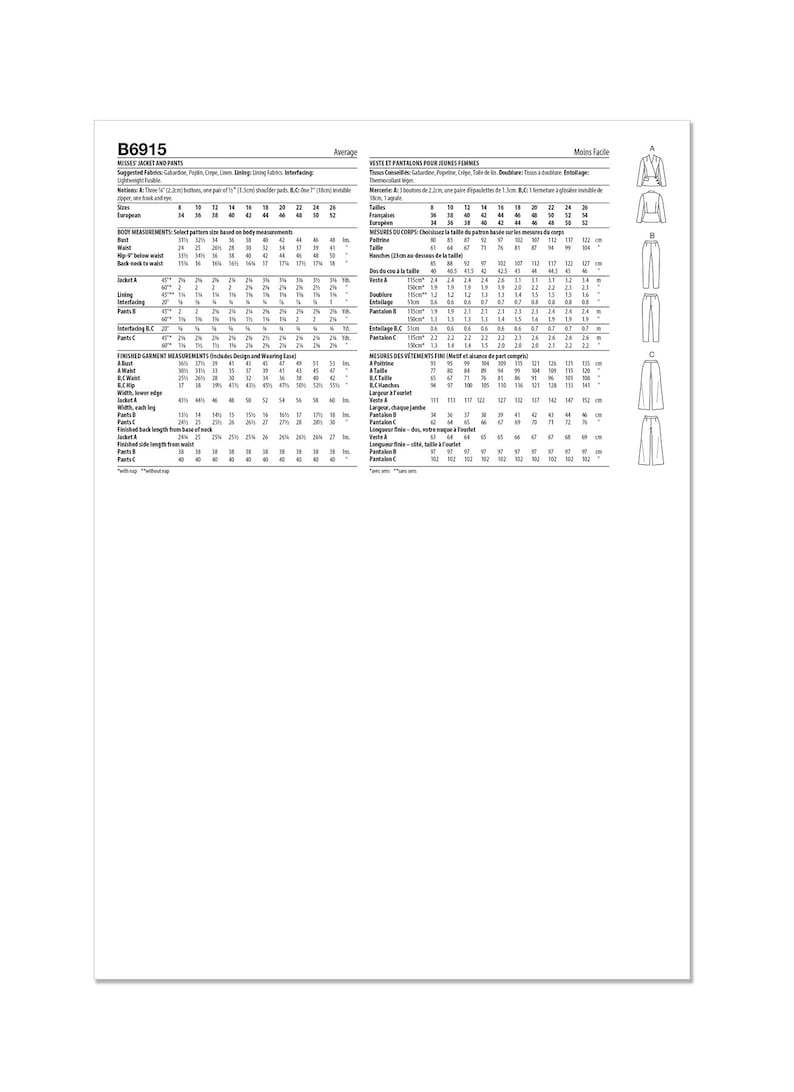 以下が含まれることがあります： B6915とラベルされた縫製パターンシート。ジャケットとパンツの指示が記載されています。シートには、センチメートル単位の測定値と衣服のデザインの図が含まれています。パターンは女性向けです。