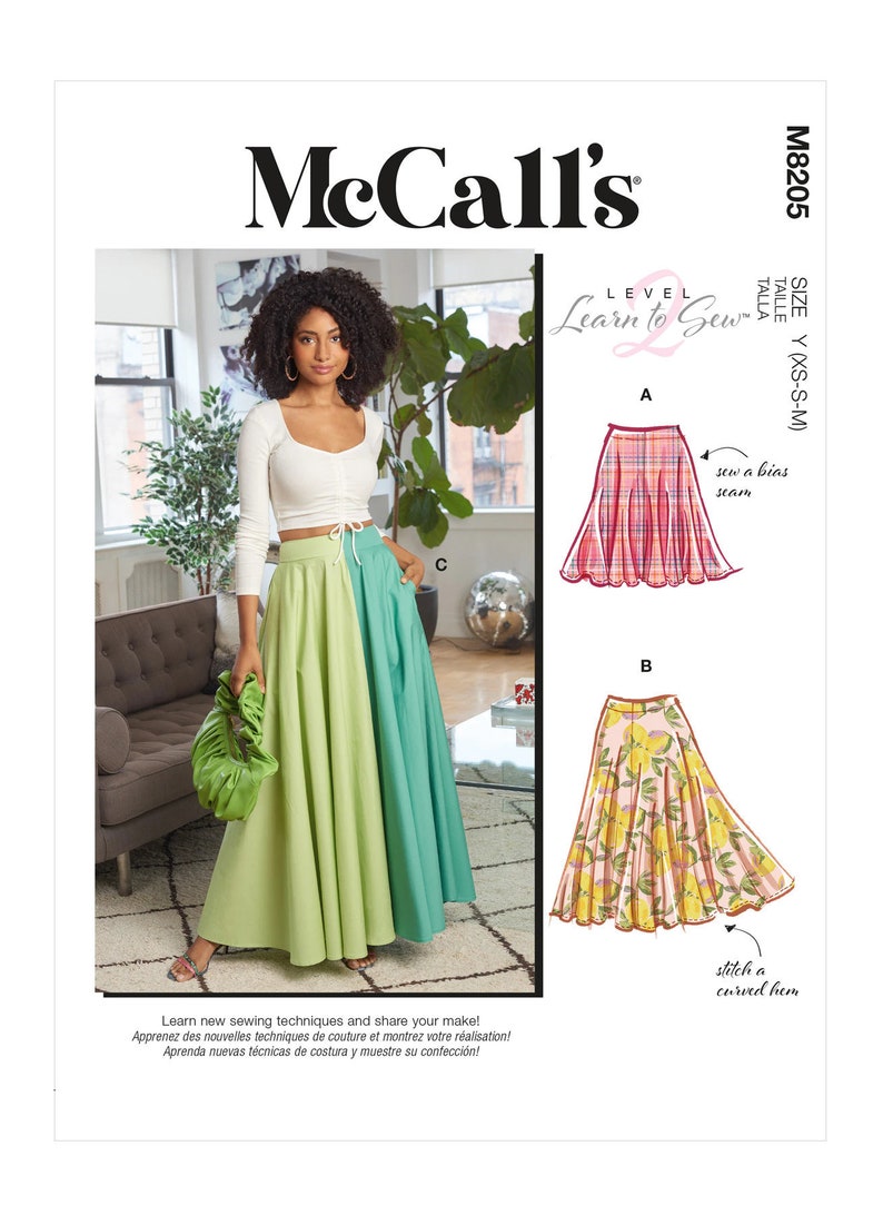 May include: McCall's sewing pattern M8205, Learn to Sew level, size Y (XS-S-M), featuring a two-tone green and light green skirt with a white top, and two additional skirt styles: a plaid skirt with a bias seam and a lemon print skirt with a curved hem.