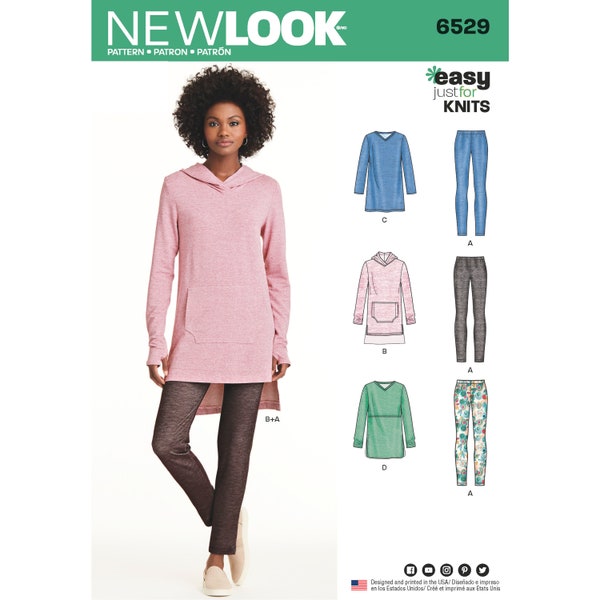 Easy Sewing Pattern for Women's Knit Tops and Knit Leggings, Womens Sweatshirt, Pullover Sweater Tunic, New Look 6529, Size XS-XL, Uncut FF