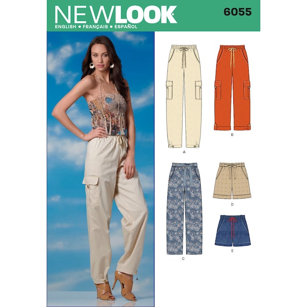 Sewing Pattern for Womens Pants and Shorts, Cargo Pants, Womens Joggers, High Waisted Pants, New Look 6055, Size 6-16, Uncut FF