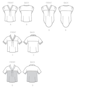 May include: Line drawing of four different styles of a short-sleeved blouse with a V-neck. The blouse is shown in front and back views. The styles are labeled A, B, C, and D.