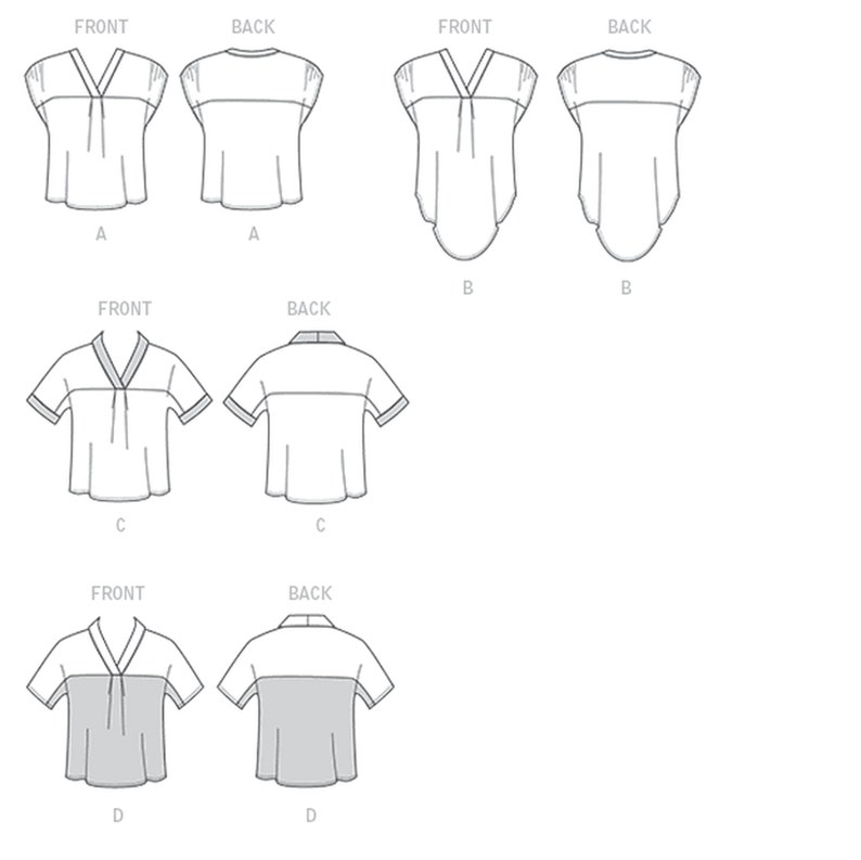May include: Line drawing of four different styles of a short-sleeved blouse with a V-neck. The blouse is shown in front and back views. The styles are labeled A, B, C, and D.