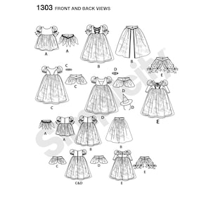 May include: A sewing pattern for a variety of children's costumes, including a princess dress, a witch costume, and a fairy costume. The pattern includes instructions for making the costumes, as well as a list of materials needed. The pattern is labeled "1303 Front and Back Views".