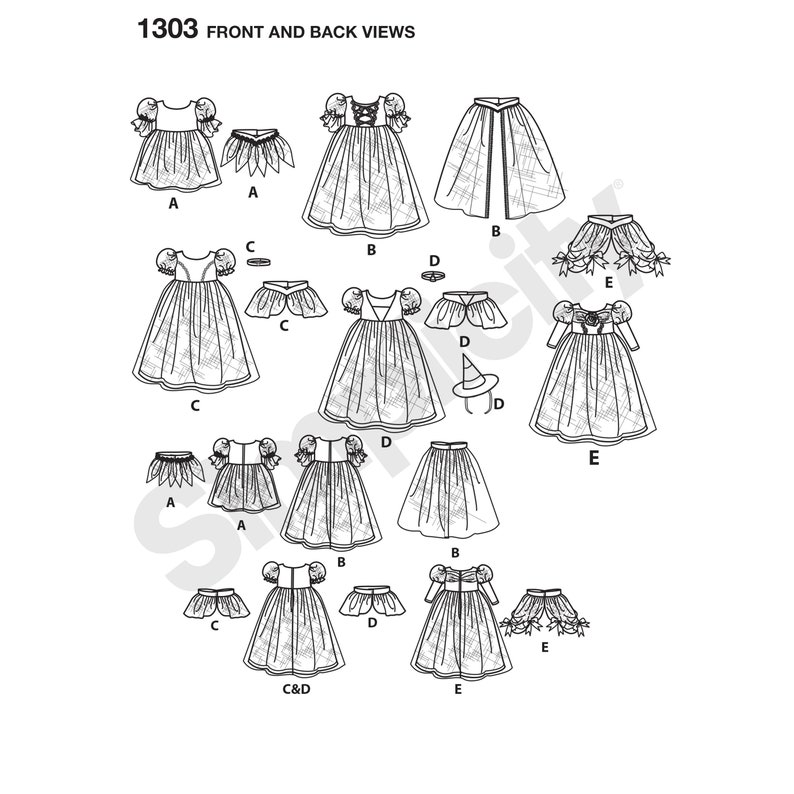May include: A sewing pattern for a variety of children's costumes, including a princess dress, a witch costume, and a fairy costume. The pattern includes instructions for making the costumes, as well as a list of materials needed. The pattern is labeled "1303 Front and Back Views".