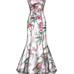 May include: A white, sleeveless dress with a floral print in shades of pink, green, and blue. The dress has a fitted bodice and a flowing skirt.