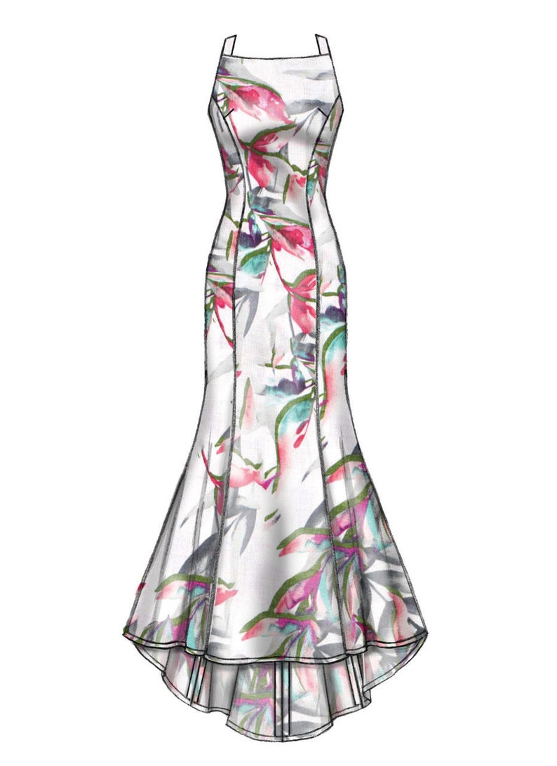 May include: A white, sleeveless dress with a floral print in shades of pink, green, and blue. The dress has a fitted bodice and a flowing skirt.