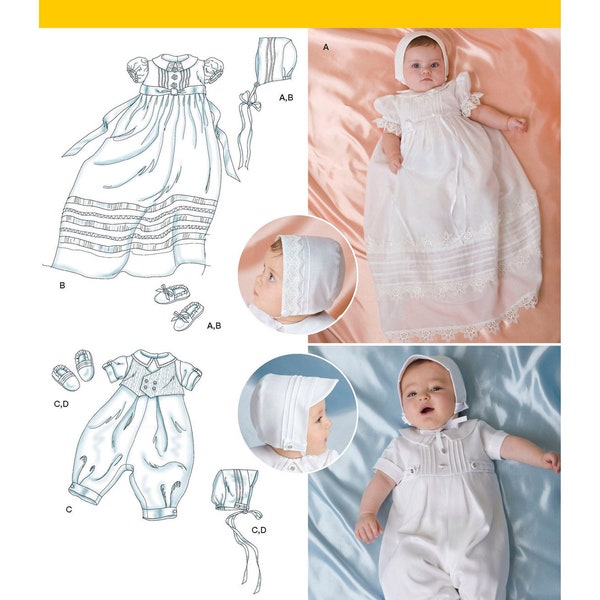 Sewing Pattern for Baby Christening Gown, Rompers, and Baby Bonnets, Newborn Christening Clothing, Simplicity 2457, Size XXS-M, Uncut FF