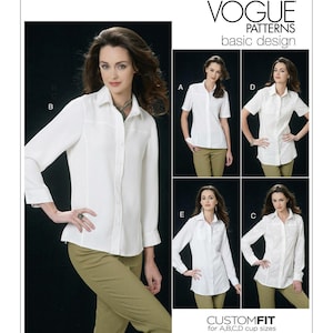 May include: A sewing pattern for a white button-down shirt with long and short sleeves. The pattern is called Vogue Patterns basic design and is for A, B, C, and D cup sizes.