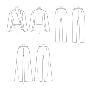 以下が含まれることがあります： 女性用ブレザーと2種類のパンツの線画。ブレザーはボタンディテール付きのラップスタイルのフロント。1つのパンツはストレートレッグ、もう1つはワイドレッグスタイルです。前面と背面図が表示されています。