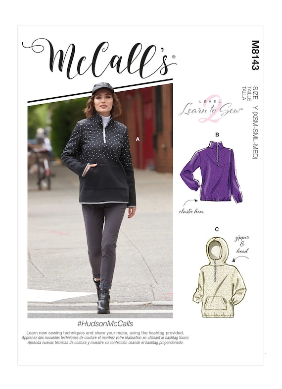 Sewing Pattern for Womens Jacket, Pullover Sweatshirt, Half Zip Sweater,  Womens Hoodie, Learn to Sew Mccalls 8143, Size XS-M L-XXL 