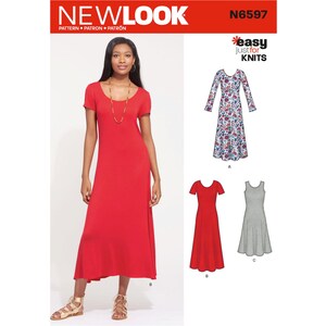 May include: A sewing pattern for a dress with three different styles. The pattern is called "New Look" and the pattern number is N6597. The pattern is for "easy just for knits".