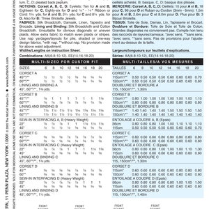 May include: A sewing pattern for a lined, close-fitting corset with variations in neckline and lacing. The pattern includes instructions for different sizes and measurements. The pattern is for misses' sizes and includes a multi-sized chart for custom fit. The pattern is labeled B4669.