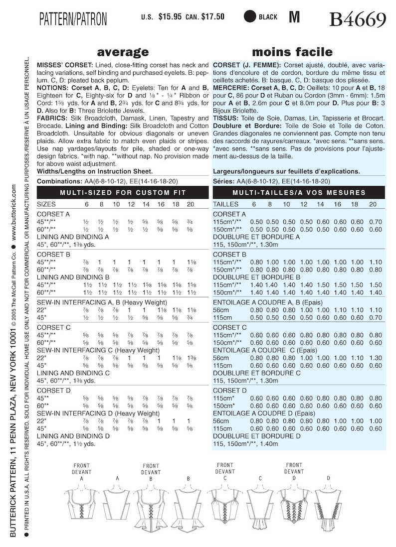 May include: A sewing pattern for a lined, close-fitting corset with variations in neckline and lacing. The pattern includes instructions for different sizes and measurements. The pattern is for misses' sizes and includes a multi-sized chart for custom fit. The pattern is labeled B4669.