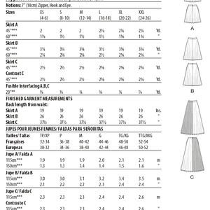 May include: Sewing pattern for three different skirt styles, labeled A, B, and C. The pattern includes instructions for sizes XS to XXL, with measurements in inches and yards. The pattern is for misses' skirts and suggests using cotton blends, gingham, sateen, or poplin fabrics.