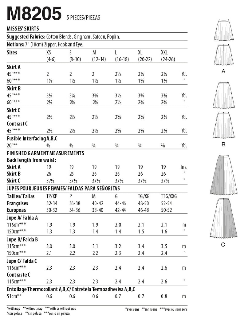 May include: Sewing pattern for three different skirt styles, labeled A, B, and C. The pattern includes instructions for sizes XS to XXL, with measurements in inches and yards. The pattern is for misses' skirts and suggests using cotton blends, gingham, sateen, or poplin fabrics.