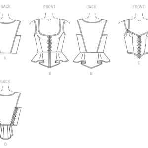 May include: Line drawing patterns for a corset top with different variations in the neckline, straps, and skirt. The patterns are labeled with letters A, B, C, and D. The words "Front" and "Back" are used to indicate the view of the pattern.