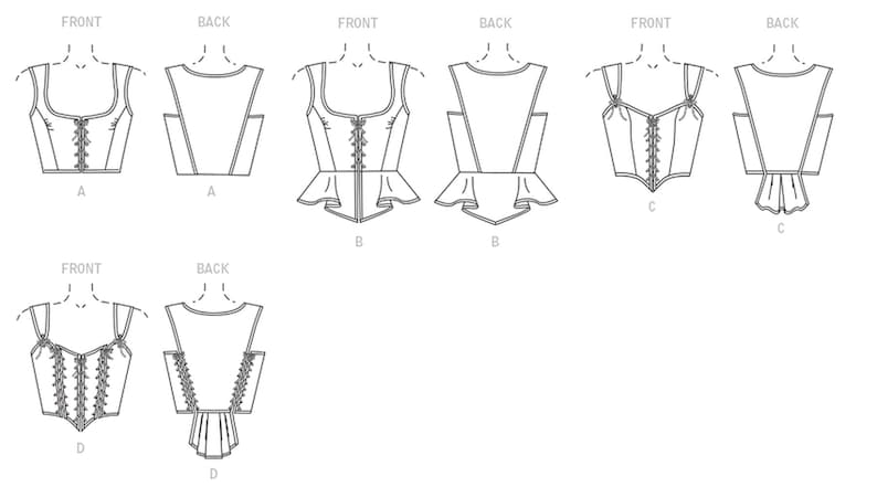 May include: Line drawing patterns for a corset top with different variations in the neckline, straps, and skirt. The patterns are labeled with letters A, B, C, and D. The words "Front" and "Back" are used to indicate the view of the pattern.