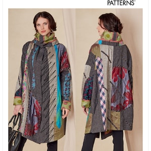 May include: Vogue Patterns V1816. A patchwork coat with a high collar and long sleeves. The coat features a mix of fabrics in various colors and patterns, including floral, plaid, and striped designs. The coat is designed by Júlio César and printed in the USA.