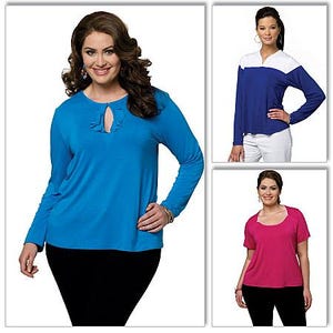 May include: A collection of three long-sleeve and short-sleeve shirts. One is a bright blue long-sleeve top with a keyhole neckline and ruffle detail. Another is a blue long-sleeve shirt with a white collar. The third is a short-sleeve magenta top.