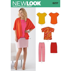 May include: Sewing pattern for a women's top, skirt, and pants. The pattern includes a red and orange striped top, a red skirt, and a pink and red patterned pants. The pattern is labeled "New Look" and "6217".