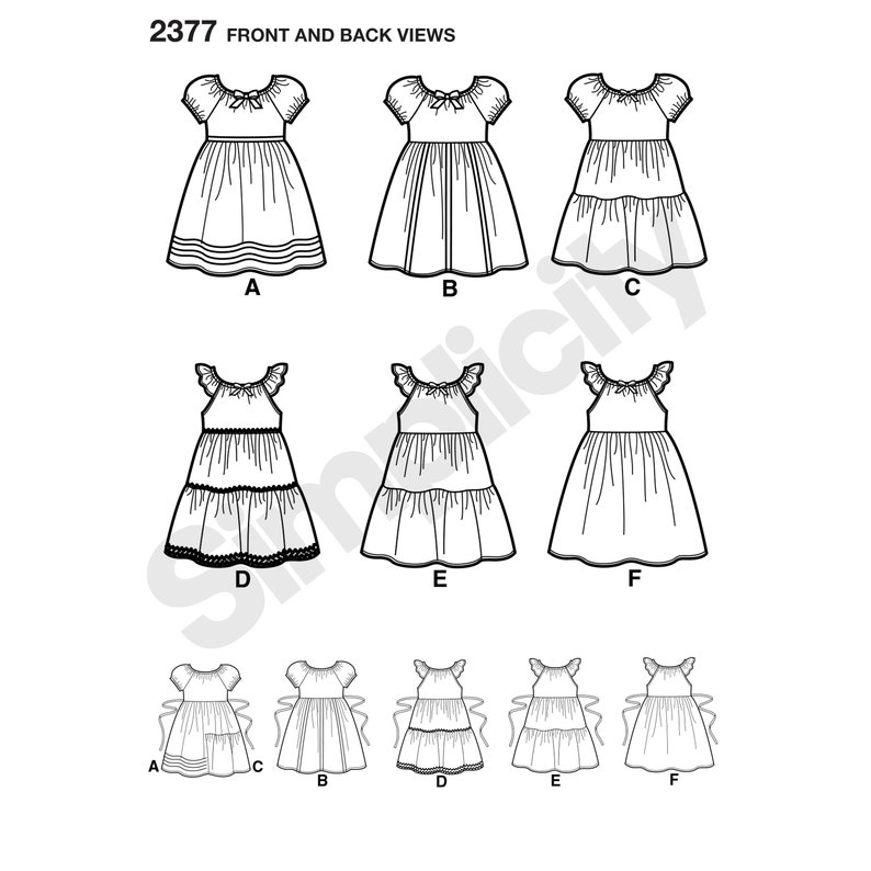 Pu&ograve; includere: Un cartamodello per un vestito da bambina con sei stili diversi. Il cartamodello include un vestito senza maniche con un bordo a balze, un vestito con maniche corte e un bordo a balze e un vestito con maniche corte e una gonna a strati. Il cartamodello include anche un vestito con maniche lunghe e una gonna a strati, un vestito con maniche corte e una gonna a strati e un vestito con maniche corte e una gonna a strati.