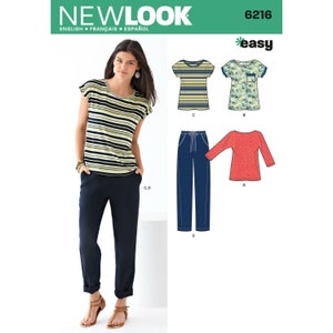 May include: Sewing pattern for a striped top, a floral print top, a solid red top, and a pair of blue jeans. The pattern is from New Look and is labeled "easy".
