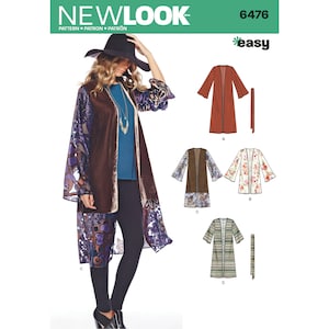 May include: New Look sewing pattern 6476, showing a long, open-front jacket with a velvet panel and patterned sleeves. The jacket is displayed in various styles, including a plain rust-coloured design and floral print options. The model is wearing the jacket.